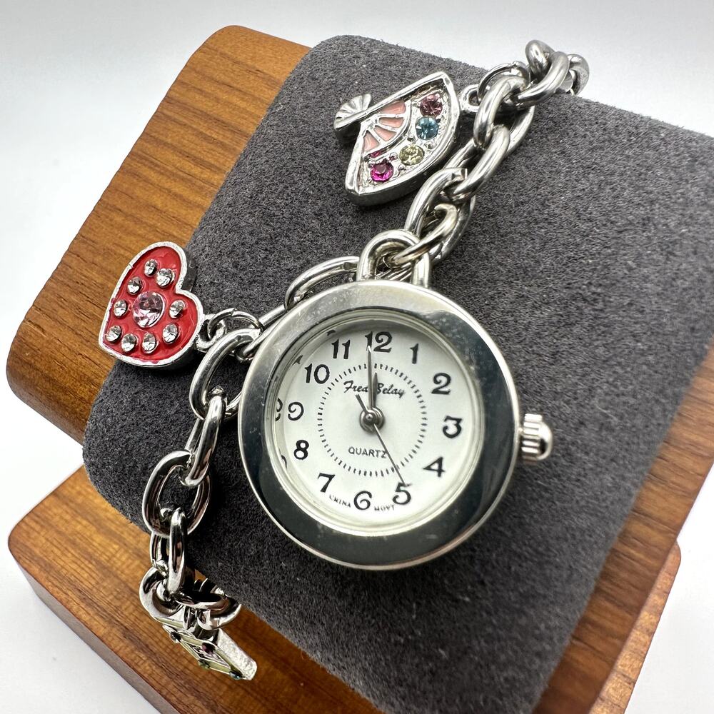 Fred Belay Silver Tone Charm Bracelet Watch Quartz Heart Fan Perfume Charms